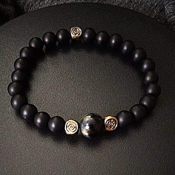 Rustic Unisex Goth ~ Black + Bronze Beaded Stretch Bracelet - Fits 7-7.5" Wrists - Picture 1 of 5